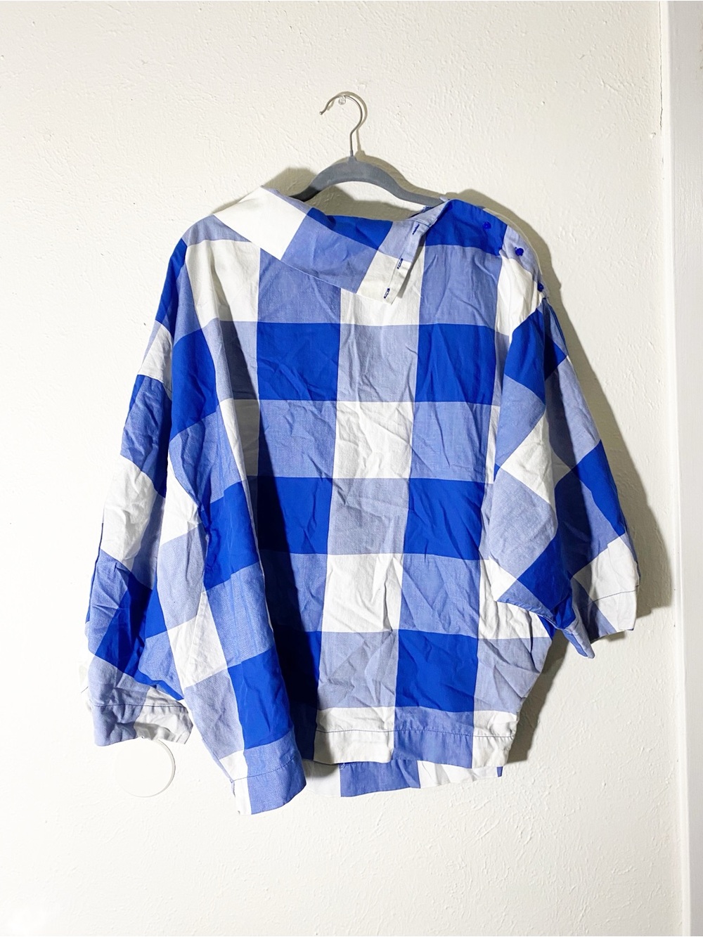 ZARA M Blue/White Check Symmetrical Top 3/4 Sleeve Blouse